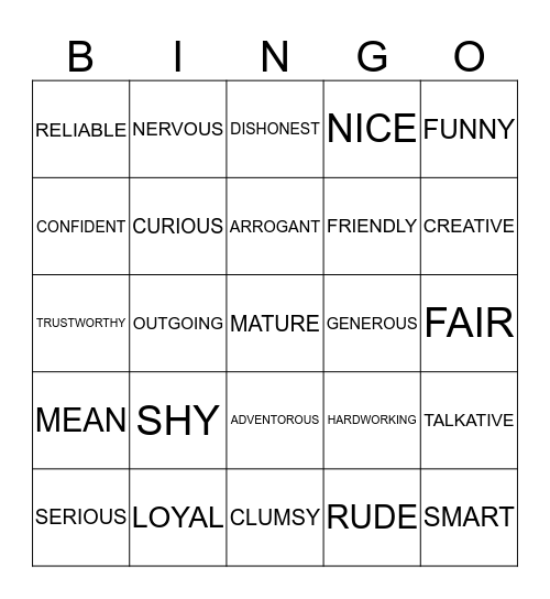PERSONALITY Bingo Card