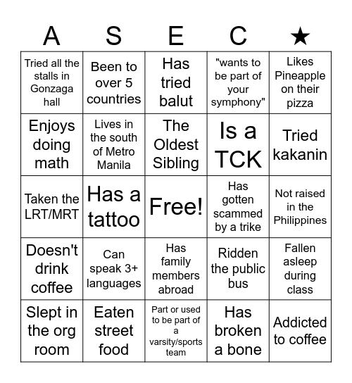 ASEC Bingo! Bingo Card