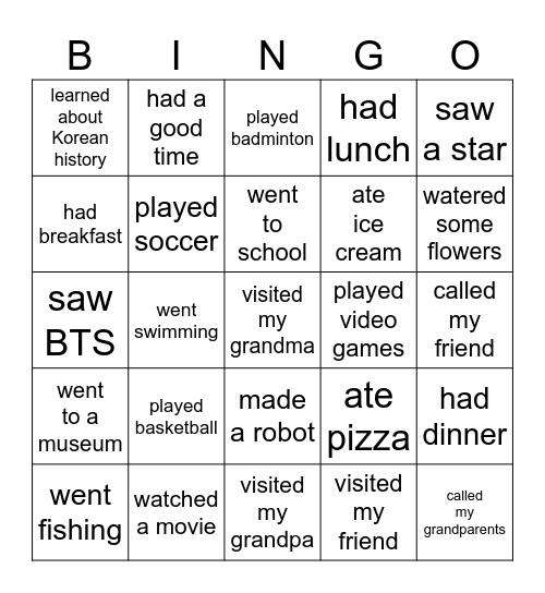 What did you do yesterday? Bingo Card