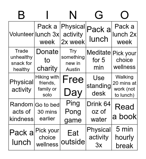 Camp Headspring Wellness Bingo Card