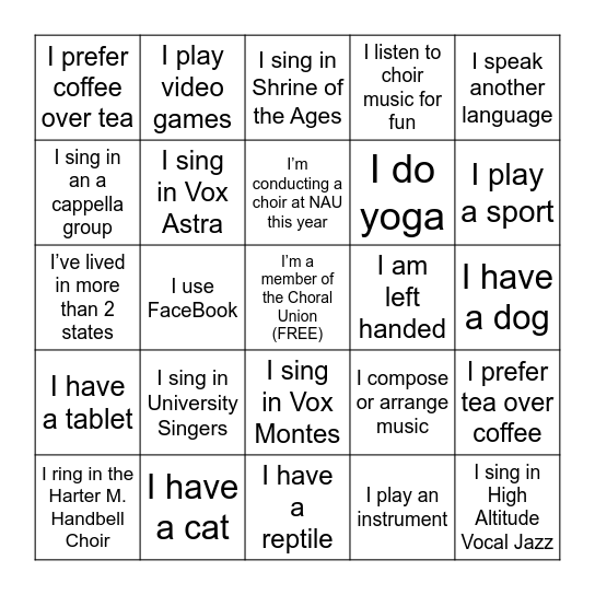 Choir Bingo Card