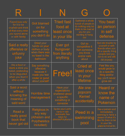 Relatablingo Bingo Card