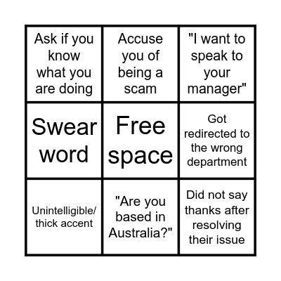 Call center bingo Card