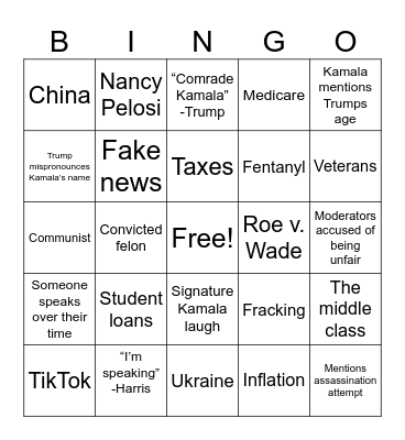 Presidential Debate Watch Party Bingo Card