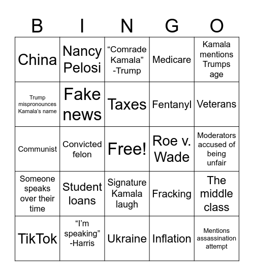 Presidential Debate Watch Party Bingo Card