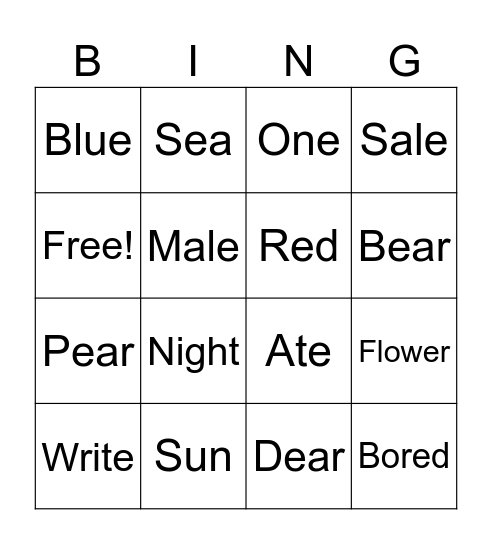 Homphones Bingo Card