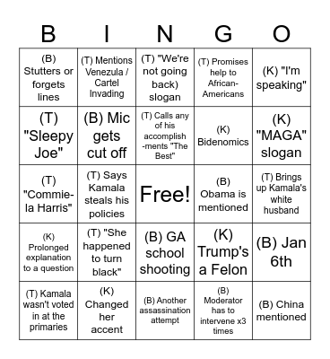 Trump V. Kamala Debate Bingo Card