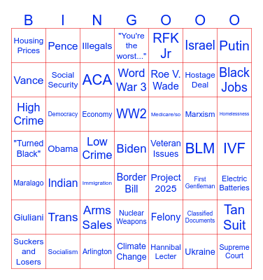 September 10th 2024 Presidential Debate Bingo Card