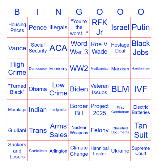 September 10th 2024 Presidential Debate Bingo Card