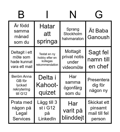 Kryssa om du har gjort något av följande eller hitta en kollega som gjort det! Bingo Card