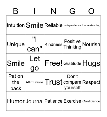 Self-Esteem Bingo Card