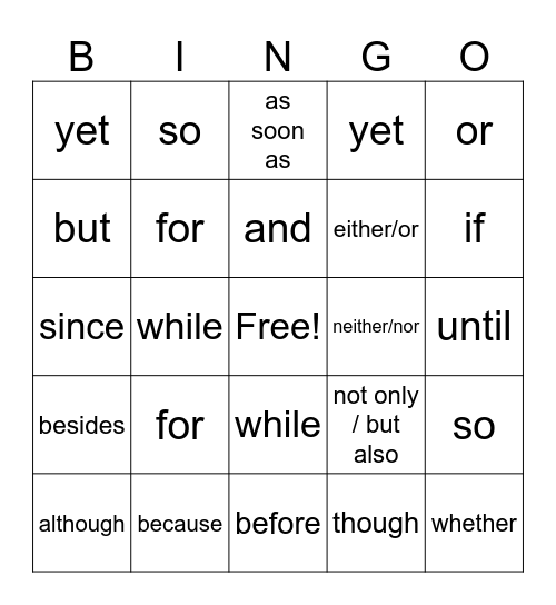 Conjunctions Bingo Card