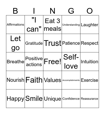 Self-Esteem Bingo Card