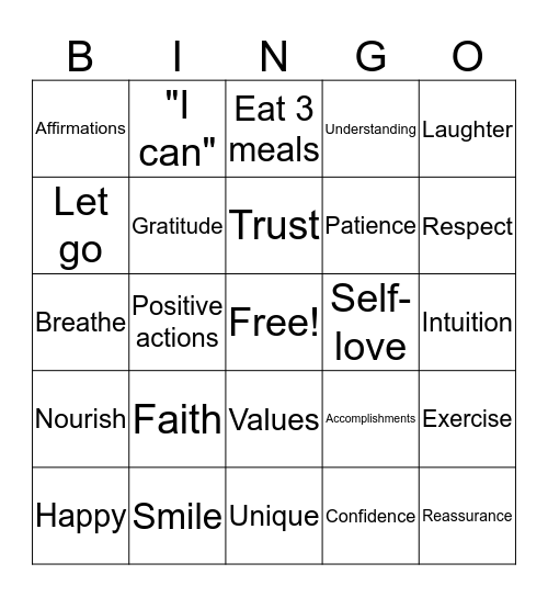 Self-Esteem Bingo Card