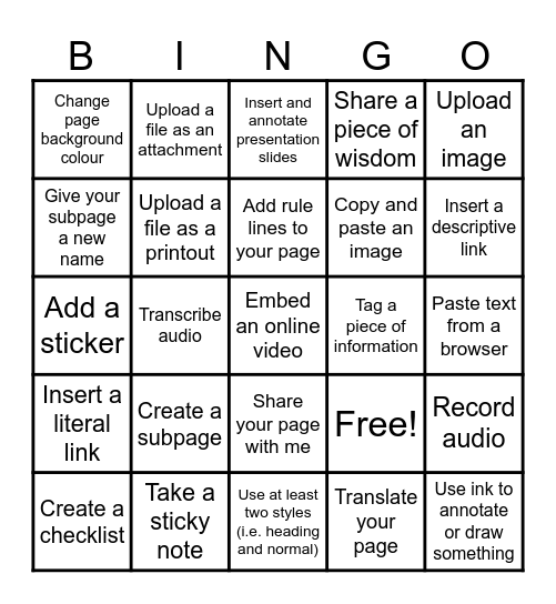 Digital Notetaking Bingo Card