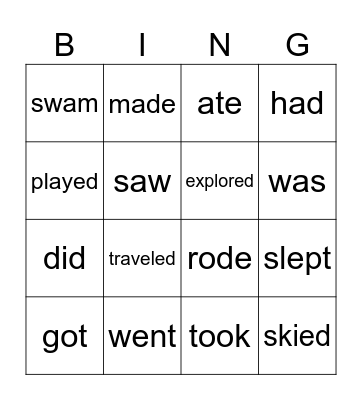 Past verbs Bingo Card
