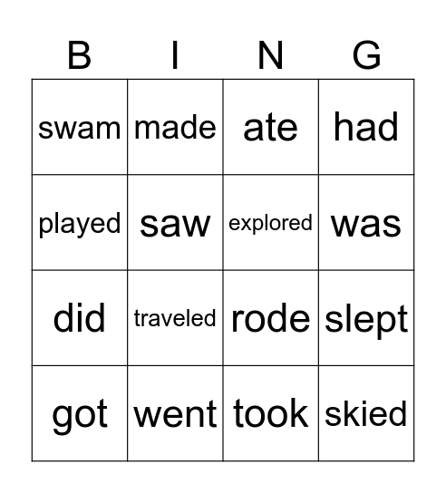 Past verbs Bingo Card