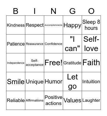 Self-Esteem Bingo Card