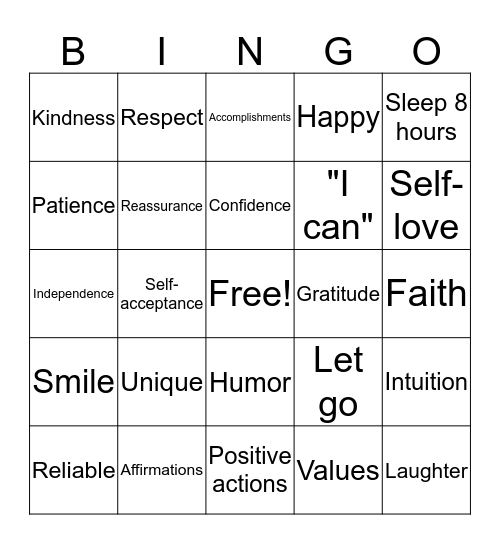 Self-Esteem Bingo Card