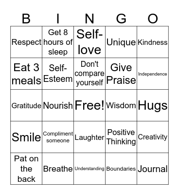 Self-Esteem Bingo Card