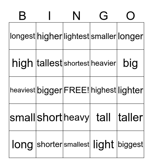 superlative and comparative bingo Card