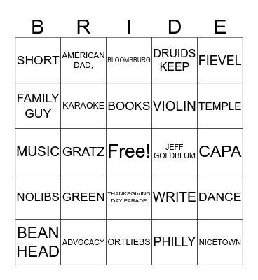 BRIDE Bingo Card