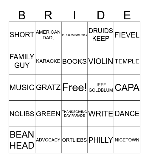 BRIDE Bingo Card