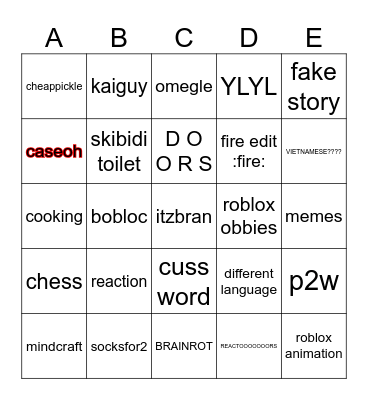 shorts bingo Card