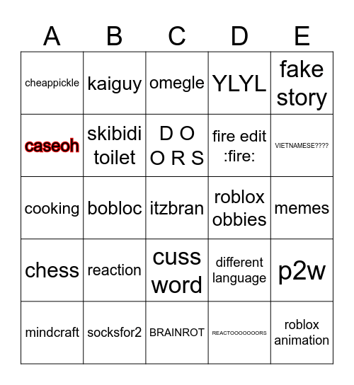 shorts bingo Card