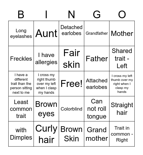 Bingo Traits I have a  different  trait than the  person sitting  next to me Bingo Card