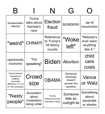Harris v Trump Presidential Debate (9/10/24) Bingo Card