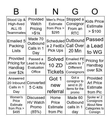 Inside Sales Bingo Card