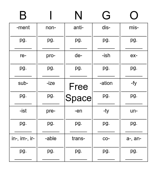 Prefixes and Suffixes Bingo Card