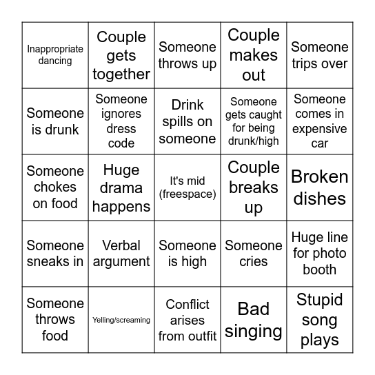 Dinner Dance Bingo Card