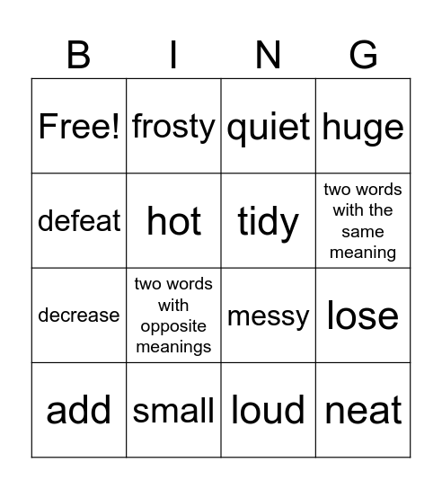 Synonyms and Antonyms Bingo Card