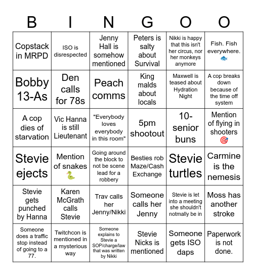 Stevie Tuesday Bingo Card