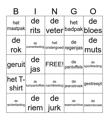 Kleding Bingo Card