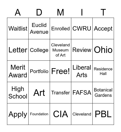 Admissions Bingo Card