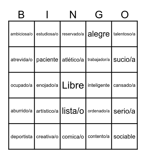 Adjetivos en español Bingo Card