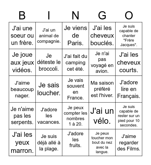 Bingo des ressemblances Bingo Card