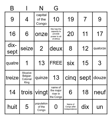 Numbers 0-20 Bingo Card