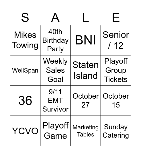 Sales Bingo! Bingo Card