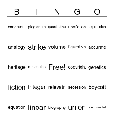 8th Grade Vocabulary Bingo Card