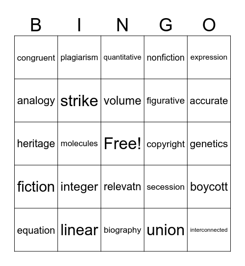 8th Grade Vocabulary Bingo Card