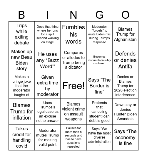 Presidential Debate Bingo Card