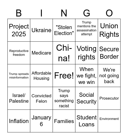 Presidential Debate Bingo Card