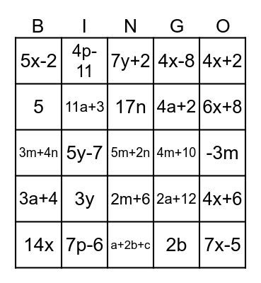 BINGO ALGEBRA Bingo Card