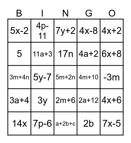 BINGO ALGEBRA Bingo Card