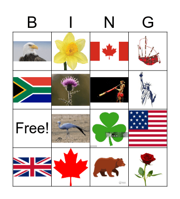 English speaking countries Bingo Card