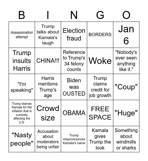 September 10th Kamala Harris vs Donald Trump presidential debate Bingo Card